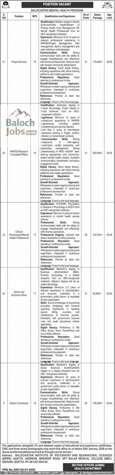 Balochistan Mental Health Program Jobs 2026 1 Balochistan Mental Health Program Jobs 2026 Official Advertisement