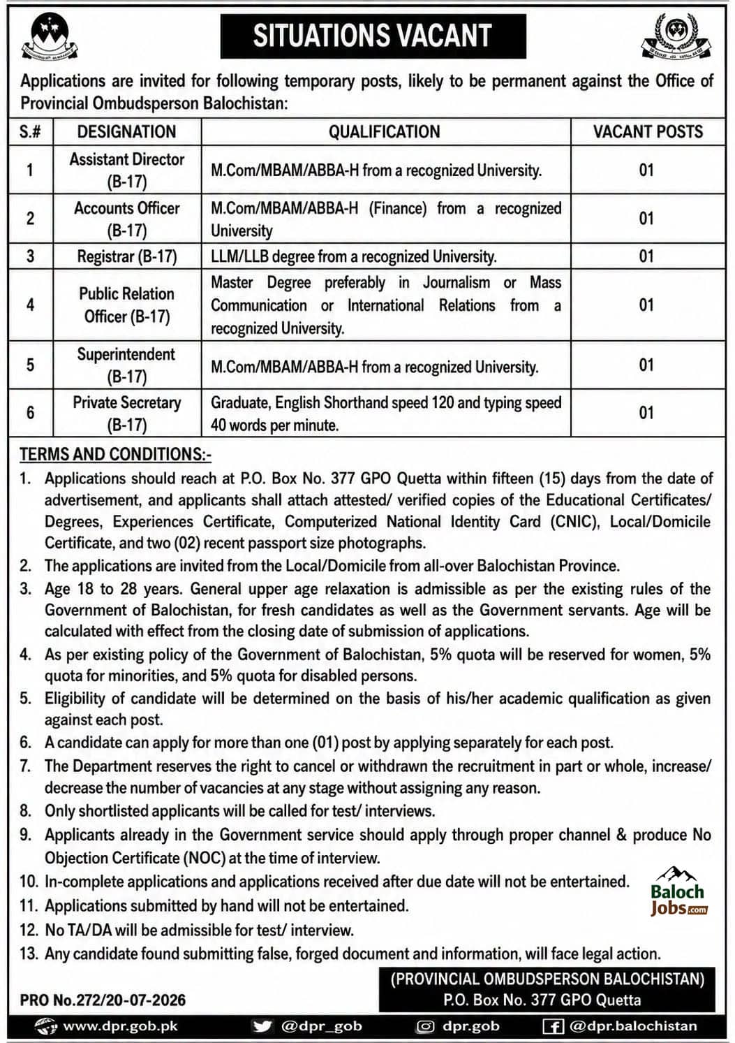 Provincial Ombudsman Secretariat Balochistan Jobs 2026 1 Provincial Ombudsman Secretariat Balochistan Jobs 2026 Official Advertisement